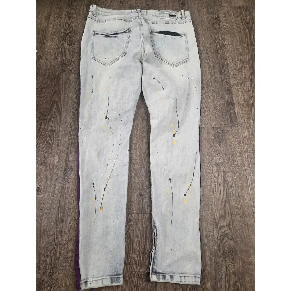 DENIM CITY Street Wear Light Wash Skinny Jeans Paint Splatter Purple Yellow 34